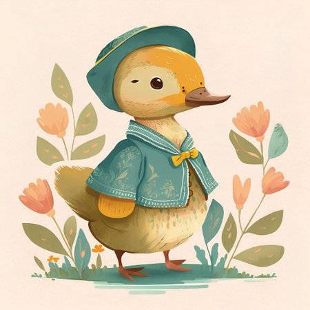 Vector illustration of a cute little duck in a hat on a background of flowersの素材