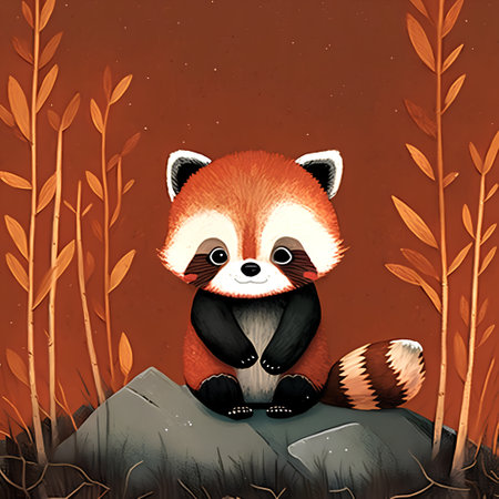 cartoon scene with red panda on the meadow illustration for childrenの素材