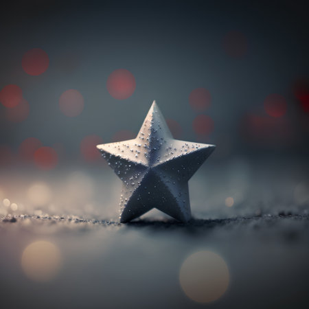 Silver christmas star on bokeh background, 3d renderの素材