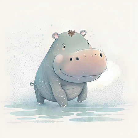 Cute hippo in the water. Watercolor style illustration.の素材
