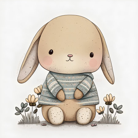 Cute hand drawn vector illustration of a baby bunny in a sweaterの素材