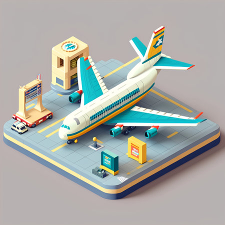 Airport isometric composition with airplane and terminal building isolated vector illustrationの素材