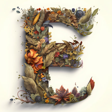 Autumn alphabet letter E with leaves and berries. 3d renderingの素材
