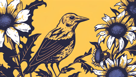 Seamless pattern with sunflowers and birds. Vector illustration.の素材