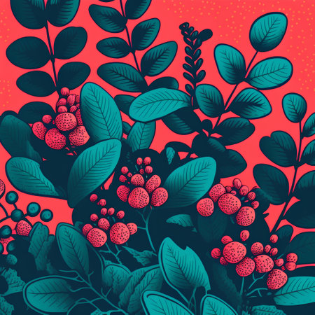 Seamless pattern with berries and leaves on a red background.の素材