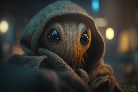 A cute little alien with a big eyes sits in a warm sweater and looks into the camera.の素材