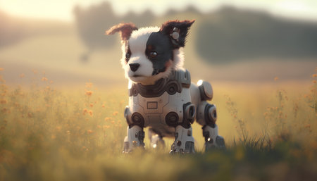 Cute dog sitting in the field at sunset, 3D renderingの素材