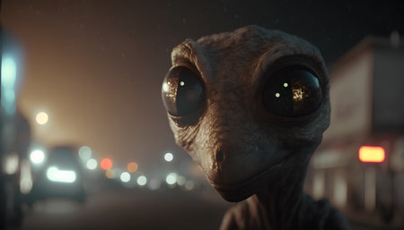 Funny alien looking through the window of a car at night.の素材