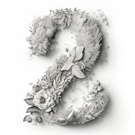 Luxury floral number 3 with flowers and leaves in black and whiteの素材