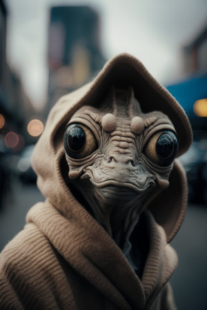 A closeup shot of an animal wearing a hooded coat in the cityの素材