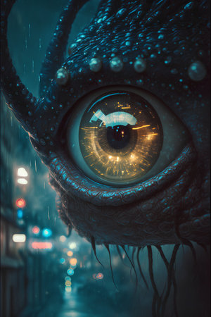 Close up view of the eye of a monster in the night cityの素材