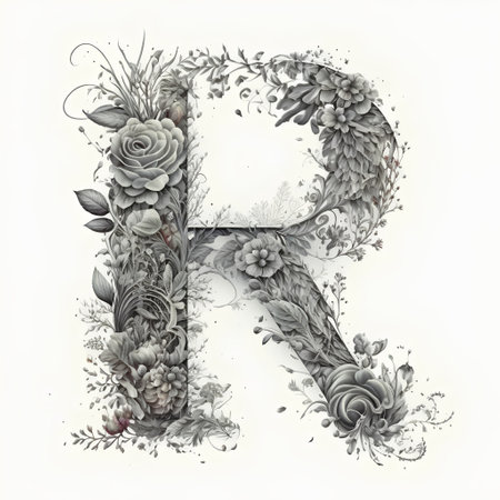 Grunge floral capital letter R, hand drawn with flowers and leavesの素材