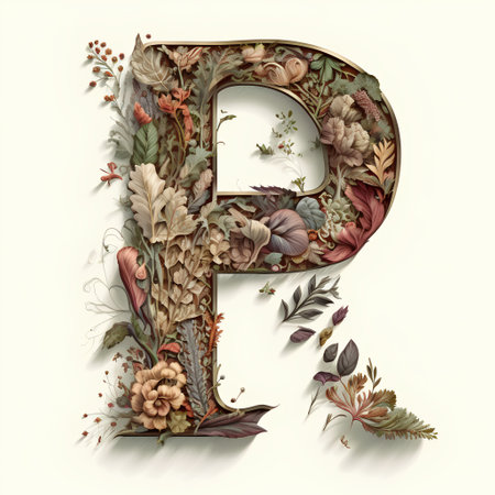 Decorative letter P with floral ornament. Hand drawn illustration in vintage style.の素材