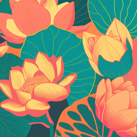 Seamless pattern with lotus flowers. Vector illustration in retro style.の素材