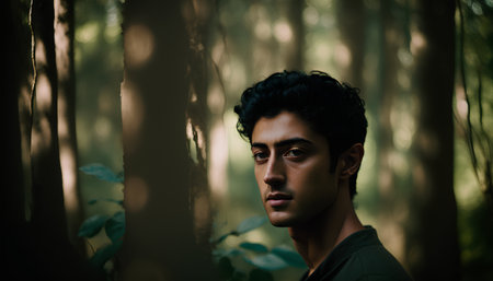 Portrait of a handsome young man with dark hair in the forestの素材