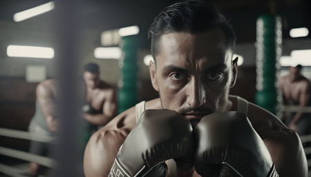 Portrait of young man in boxing gloves looking at camera in gymの素材