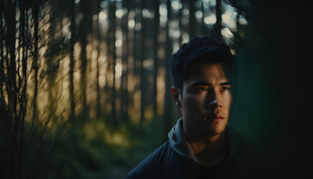 Portrait of a handsome young man in the forest at sunset.の素材