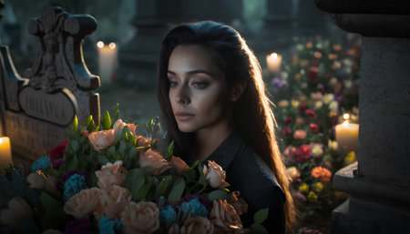 Portrait of a beautiful young woman with flowers in the cemetery.の素材