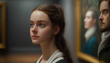 Portrait of a beautiful girl in an art gallery. The girl looks into the frame.の素材