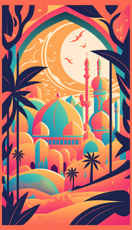 Vector illustration of Ramadan Kareem greeting card with mosque, palm trees, moon and stars.の素材
