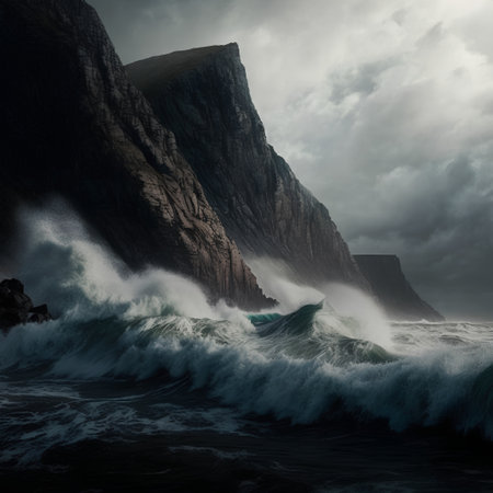 Stormy sea with waves crashing against the cliffs. 3d renderingの素材