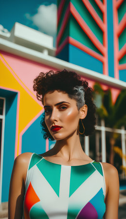 fashion outdoor photo of beautiful sensual woman with dark curly hair in elegant swimming suit posing near modern buildingの素材