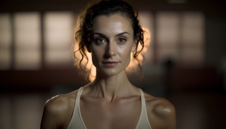 Portrait of a beautiful young woman in a sports bra in the gymの素材