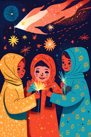 Happy muslim family celebrate ramadan holy month with firecrackers.の素材