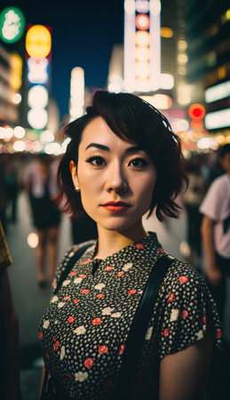 Beautiful asian woman walking in the city at night, lifestyle portraitの素材