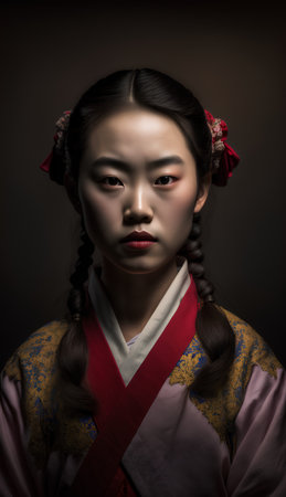 Asian woman with kimono on black background, closeup portraitの素材