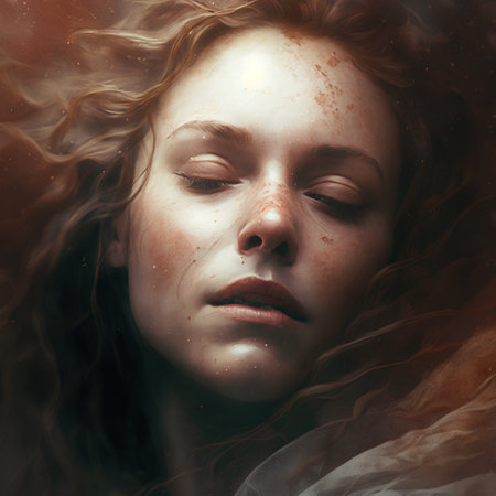 Beautiful redhead girl with freckles on face. Fantasy portrait.の素材