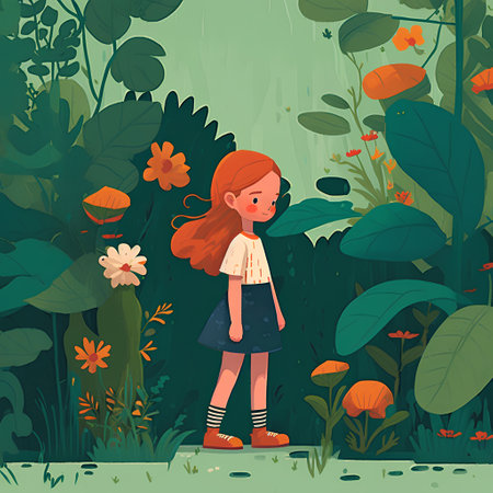 Cute little girl in the garden. Vector illustration in cartoon style.の素材