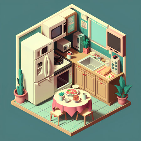 Kitchen interior isometric composition with furniture and kitchenware vector illustrationの素材
