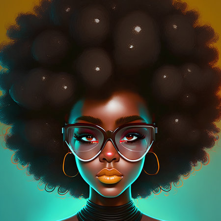 Portrait of a beautiful african american woman with black hair and glasses.の素材