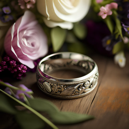 Wedding rings and flowers on wooden background, selective focus.の素材
