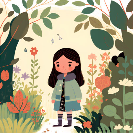 Cute little girl in a forest. Vector illustration in cartoon style.の素材