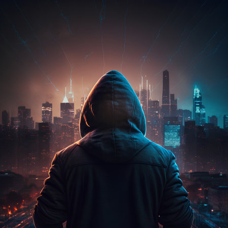 Man in hoodie looking at night city background with glowing lights conceptの素材