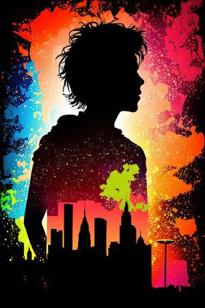 Silhouette of a boy in the city. Vector illustration.の素材