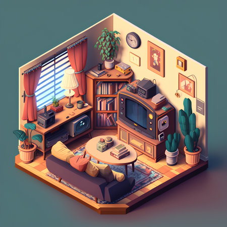 Interior of the living room in isometric style. 3D illustrationの素材