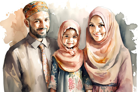 Portrait of happy muslim family with child. Watercolor paintingの素材