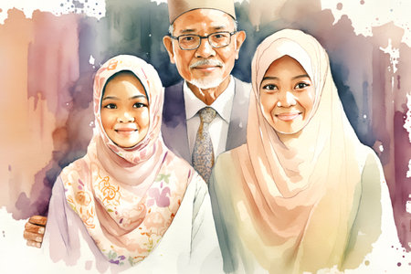 Watercolor illustration of muslim family with their daughter and grandfather.の素材