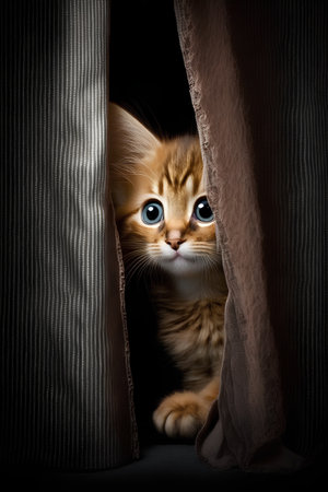 Cute tabby kitten peeking out from behind the curtain.の素材
