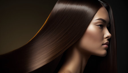 Beautiful woman with long brown hair. Closeup portrait of fashion model girl with healthy hair.の素材