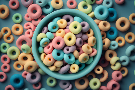 Colorful cereal rings in bowl on blue background. Top view.の素材