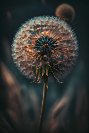 Dandelion flower close-up on a dark background. 3d renderingの素材