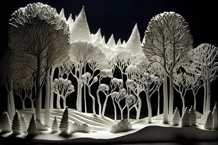 Winter forest with trees and snowflakes. 3D illustration.の素材
