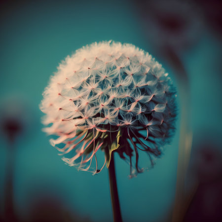 Dandelion flower on a blue background. Selective focus. Toned.の素材
