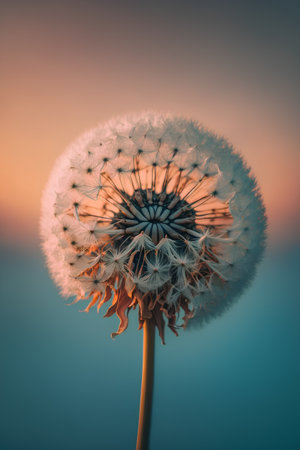 Dandelion flower on the background of the sunset sky. Soft focus.の素材