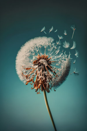 Dandelion flower with seeds on blue background. Toned.の素材