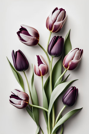 Bouquet of purple tulips with green leaves on white backgroundの素材